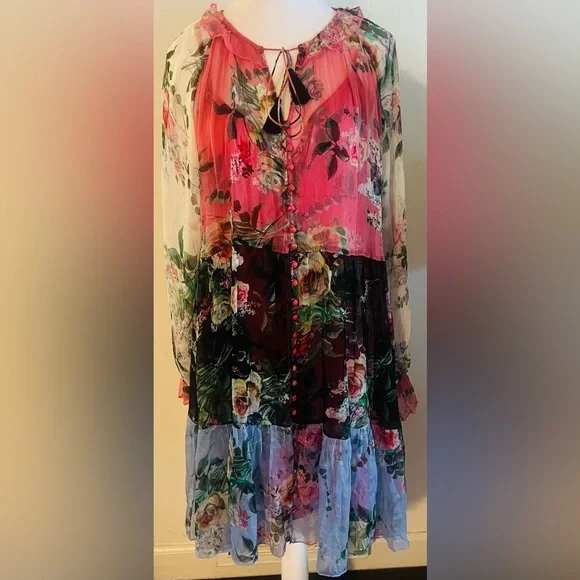 Johnny Was Floral limited edition Silk Button-Down mini dress with slip dress - Picture 1 of 6